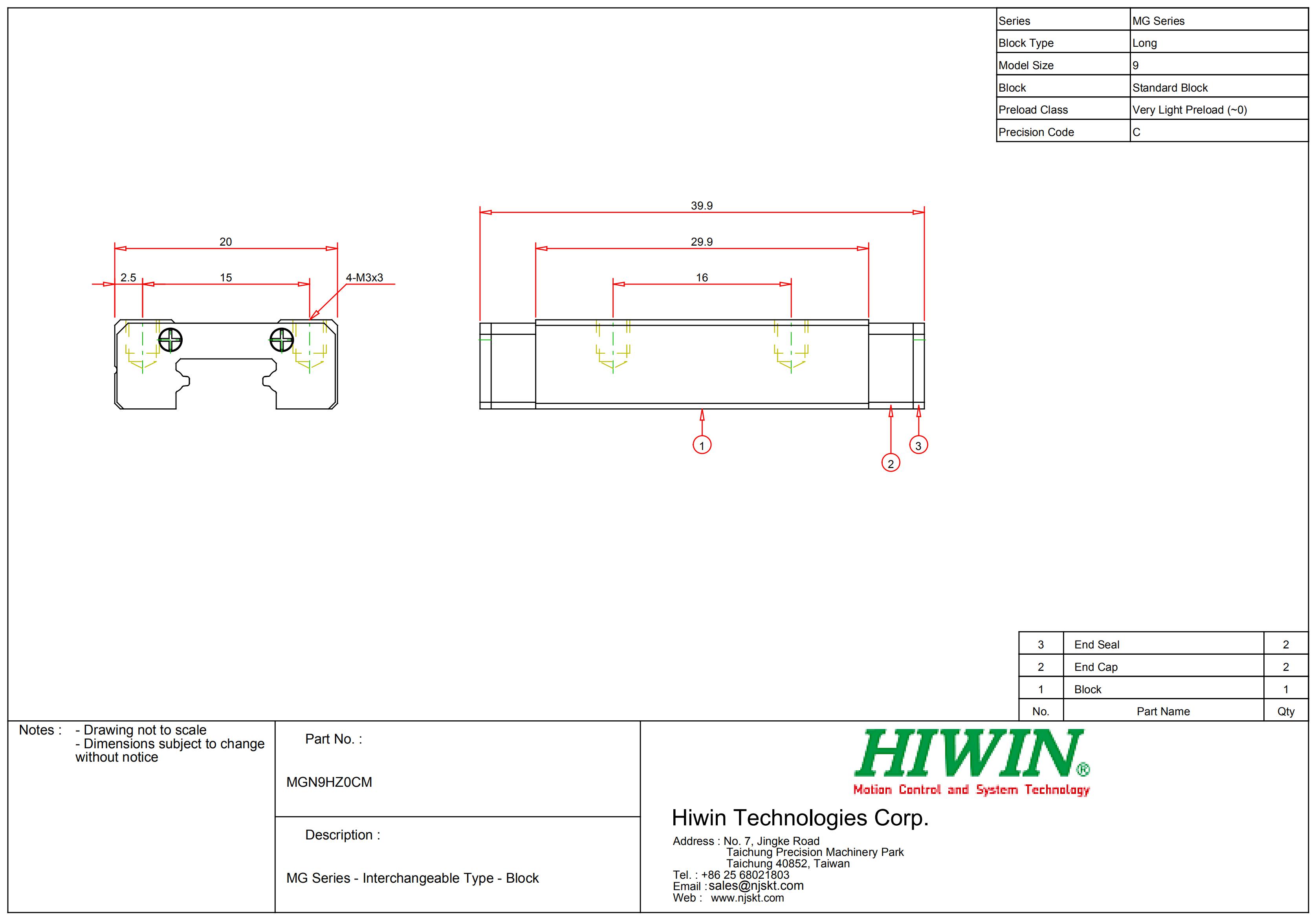 Original HIWIN 9mm Linear Guide Block MGN9H NJSKT